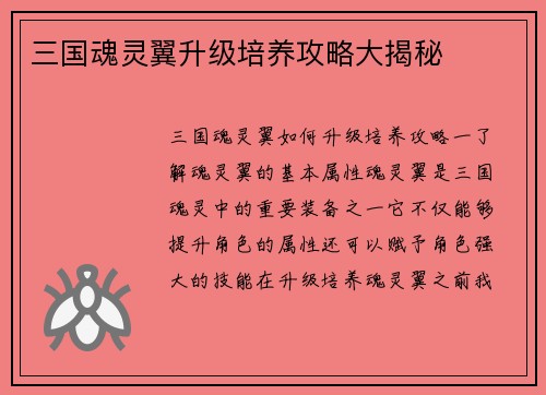 三国魂灵翼升级培养攻略大揭秘